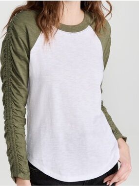 Veronica Beard Olive Green & White Baseball Tee Ruched sleeves